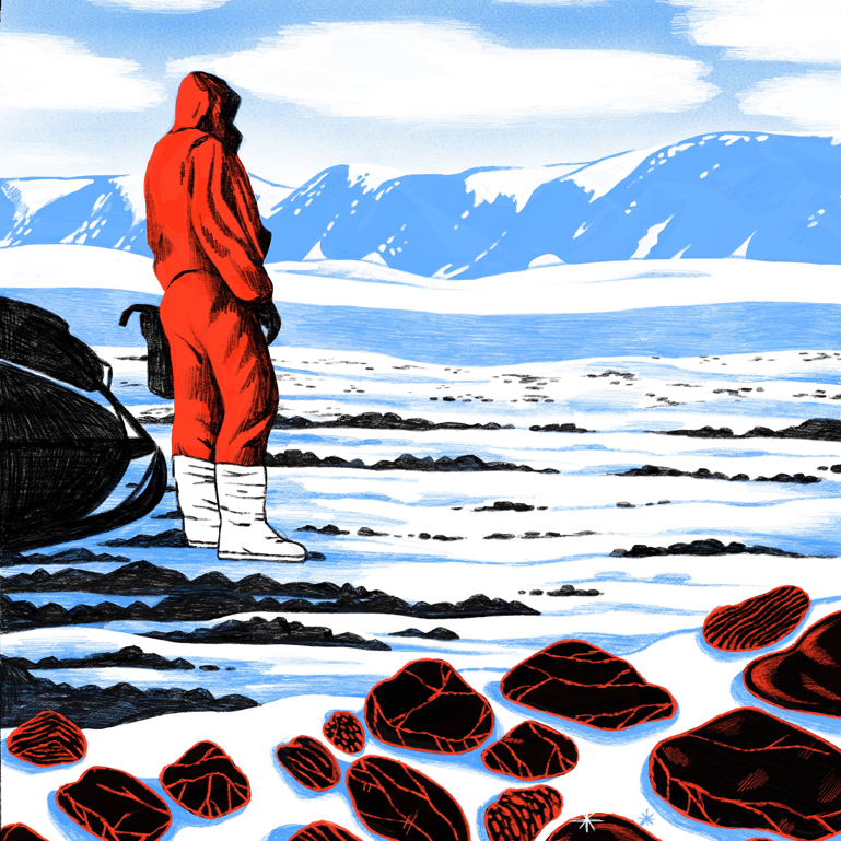 Illustration of a scientist in a big parka looking out onto the Antarctic landscape with meteorites in the foreground.