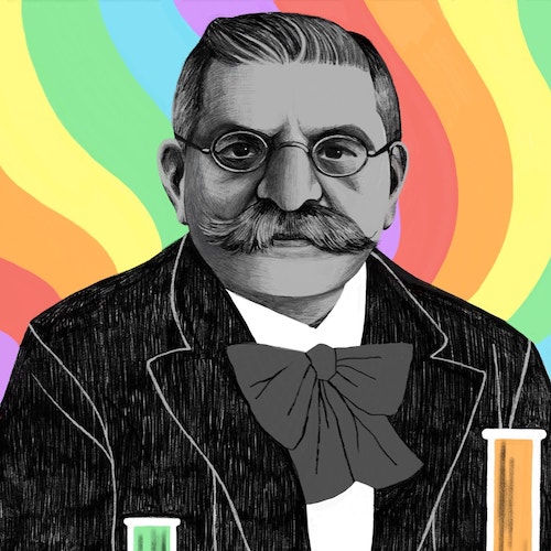 Illustration of a mustached Magnus Hirschfeld with colorful testubes against a wavy rainbow background.
