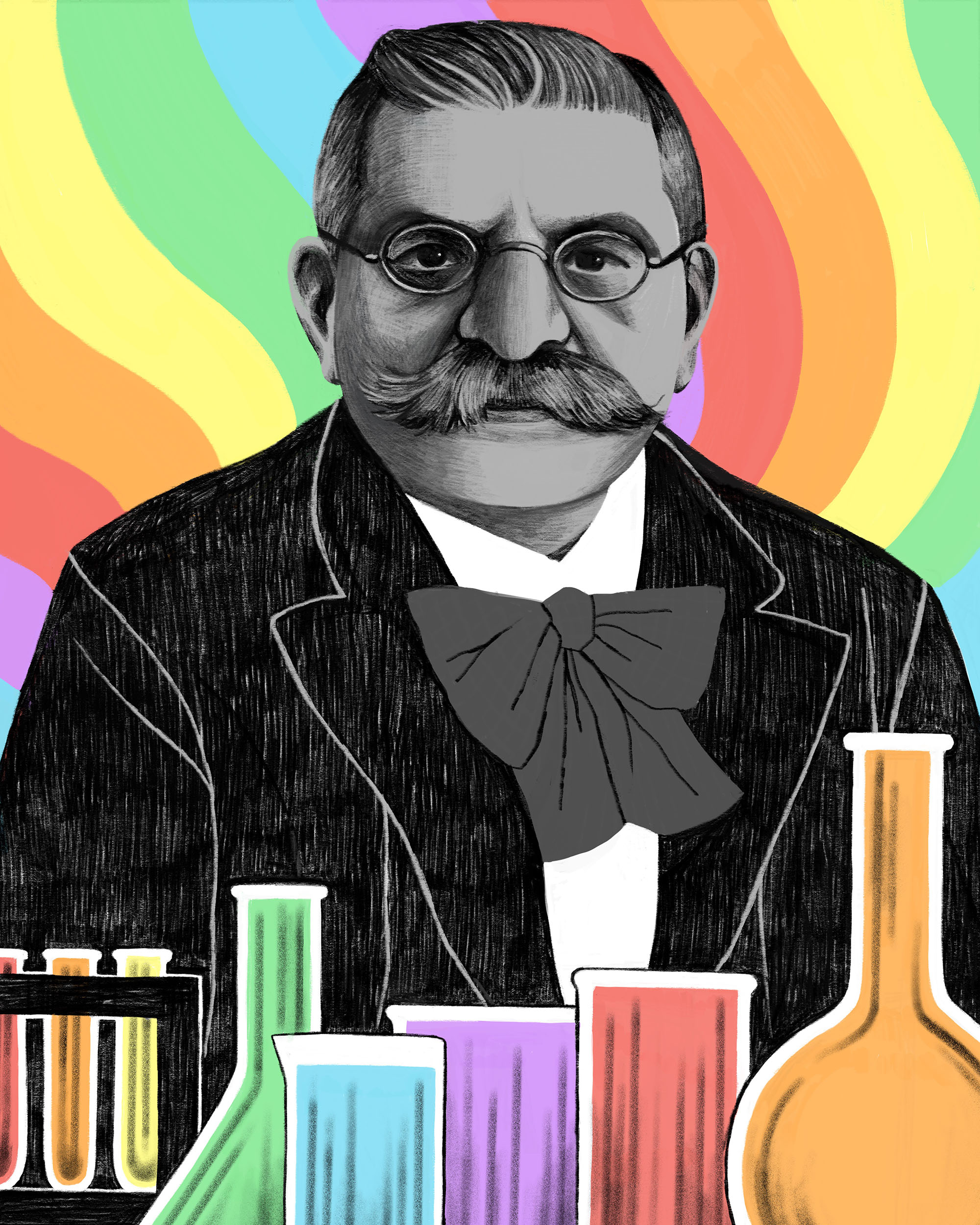 Illustration of a mustached Magnus Hirschfeld with colorful testubes against a wavy rainbow background.