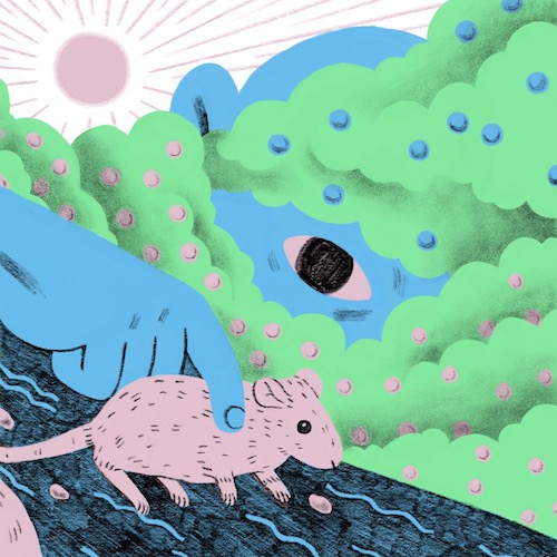 Illustration of a large blue man behind a green cloud picking up a pink mouse.