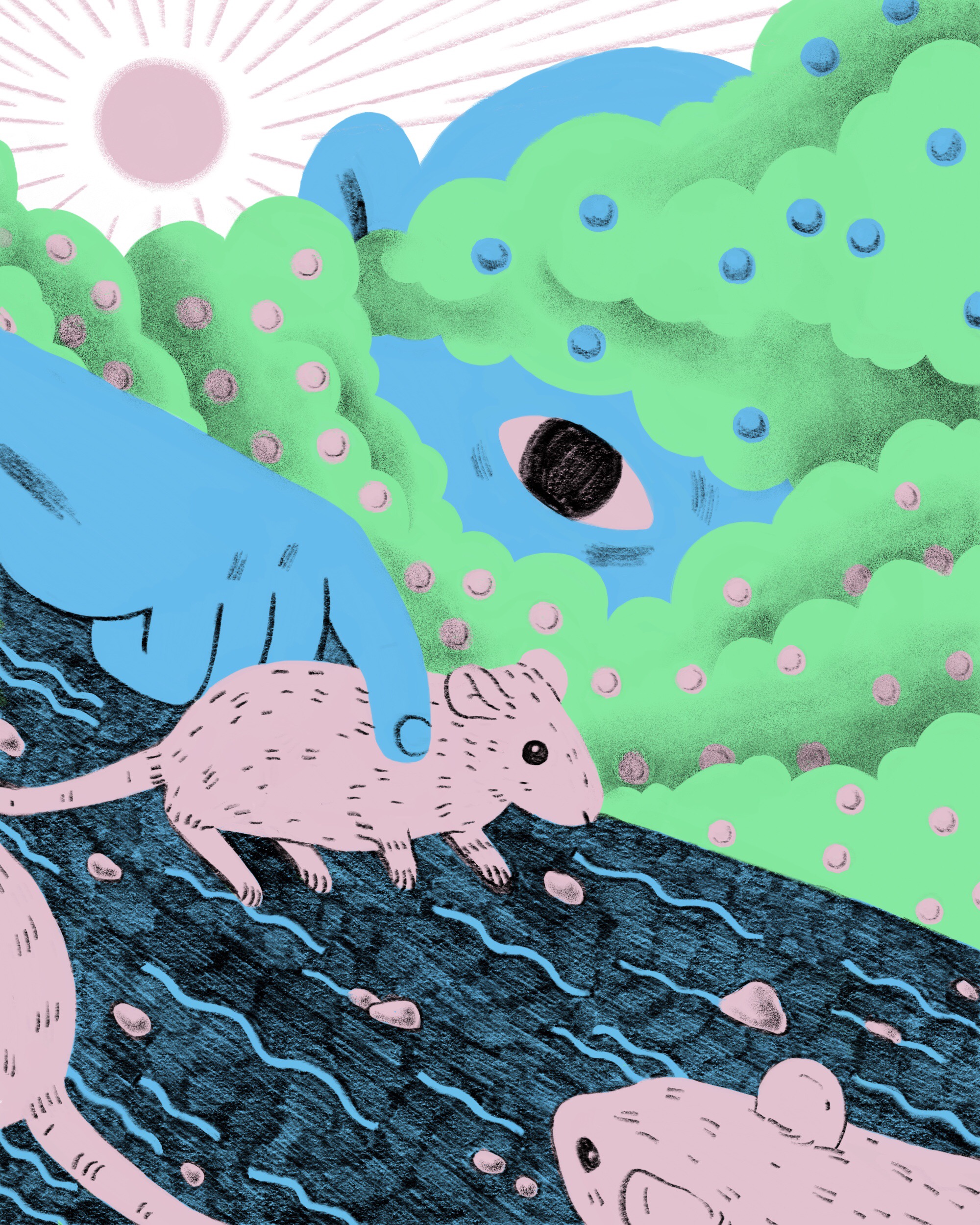 Illustration of a large blue man behind a green cloud picking up a pink mouse.