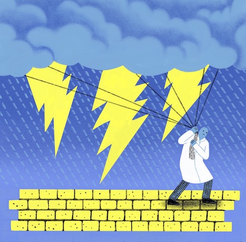 Illustration of a scientist in a lab coat pulling clouds with lightning coming out of them with pieces of rope.