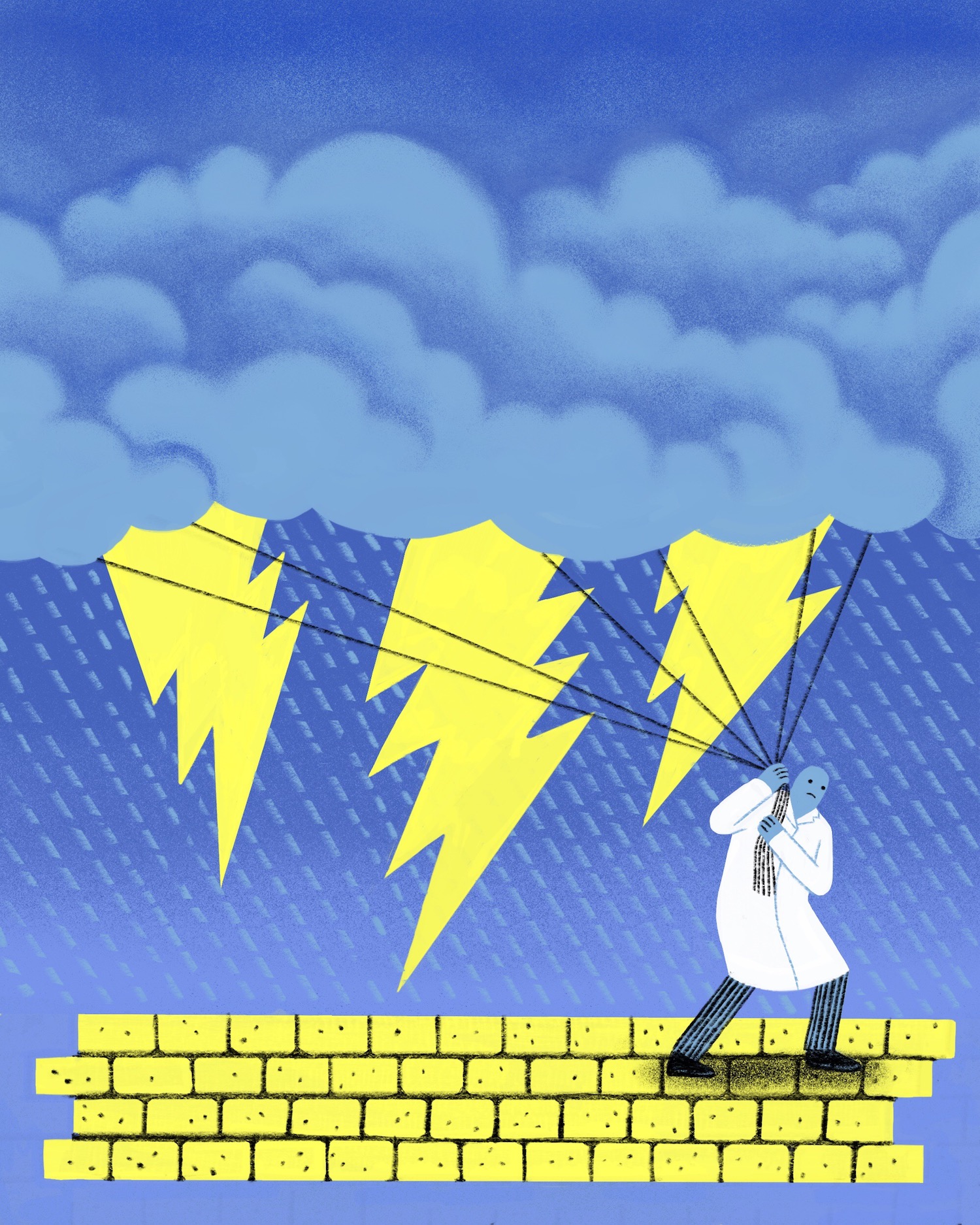 Illustration of a scientist in a lab coat pulling clouds with lightning coming out of them with pieces of rope.