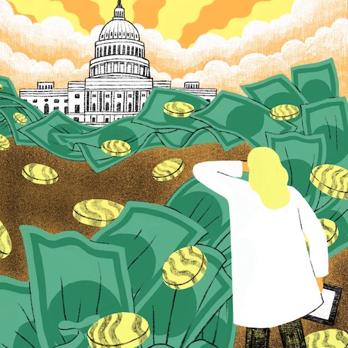 Illustration of woman in labcoat surrounded by giant paper bills and coins looking off to the U.S. Capitol building in the background.