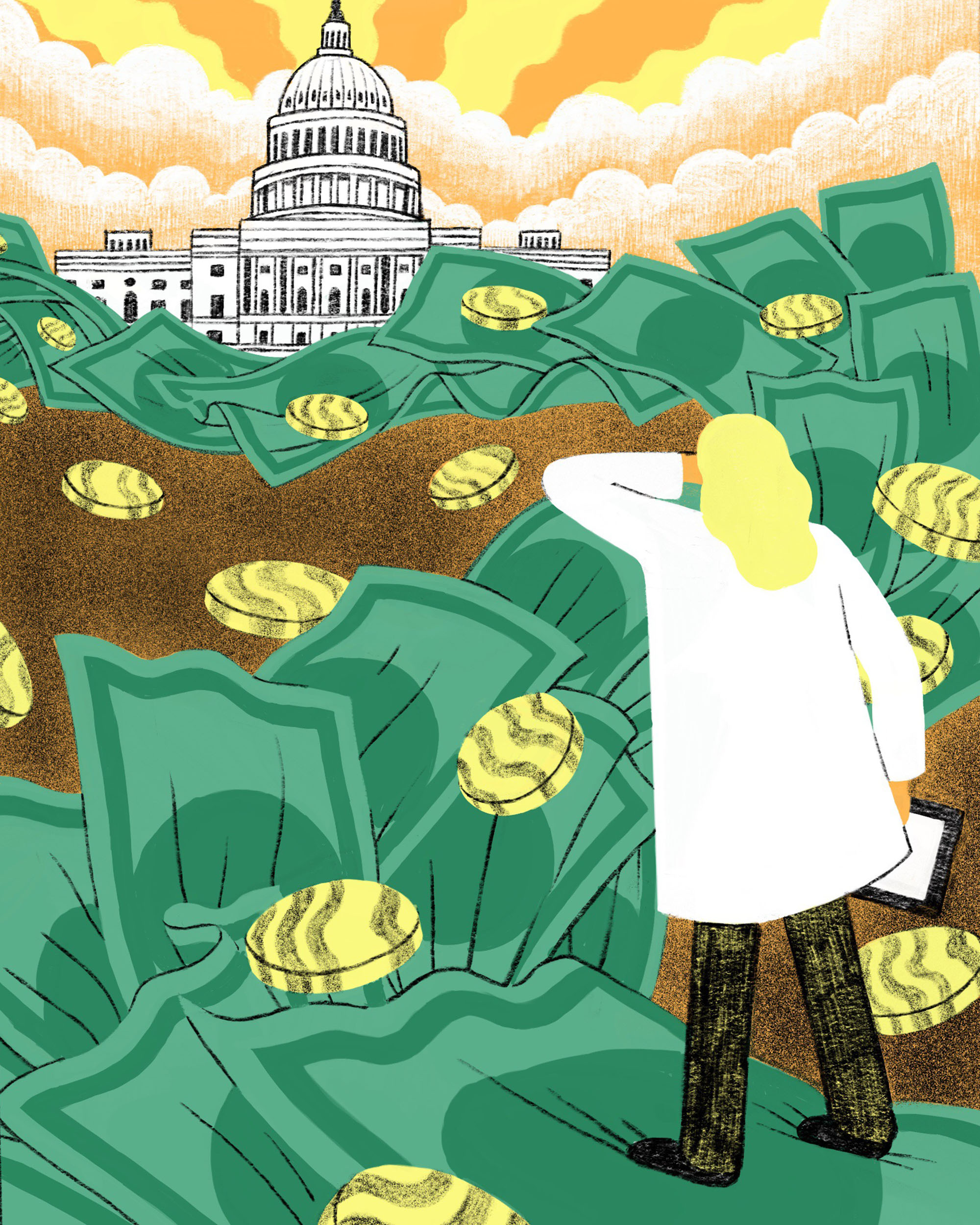 Illustration of woman in labcoat surrounded by giant paper bills and coins looking off to the U.S. Capitol building in the background.