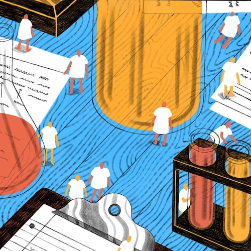 Illustration of tiny people in hospital gowns below towering lab equipment.