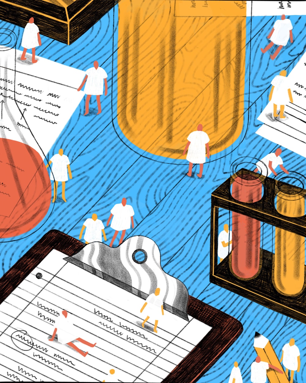 Illustration of tiny people in hospital gowns below towering lab equipment.